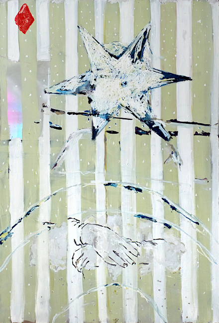 Antony Valerian: Mona Lisas Hands #4, 2020, oil on wood, 207 x 140 cm 

